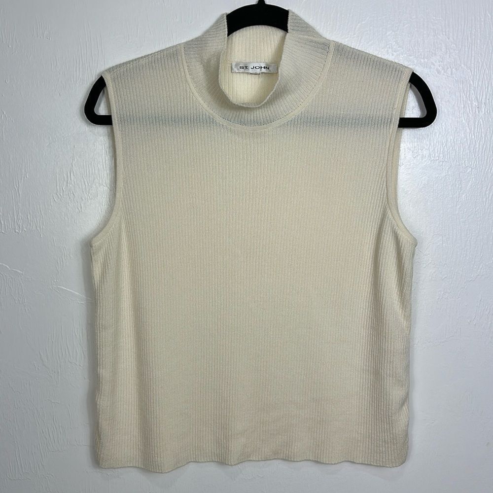 St. John Ribbed Knit Mock Neck Sleeveless Top Sweater In Ivory Color Size XL